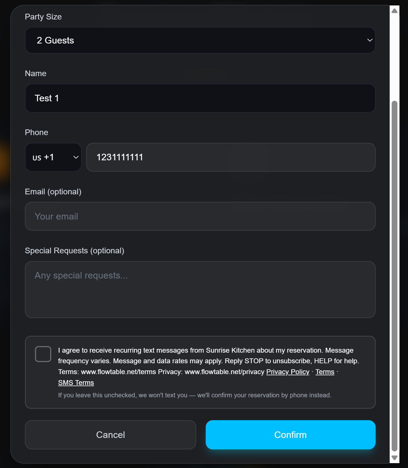 Online reservation consent checkbox screenshot