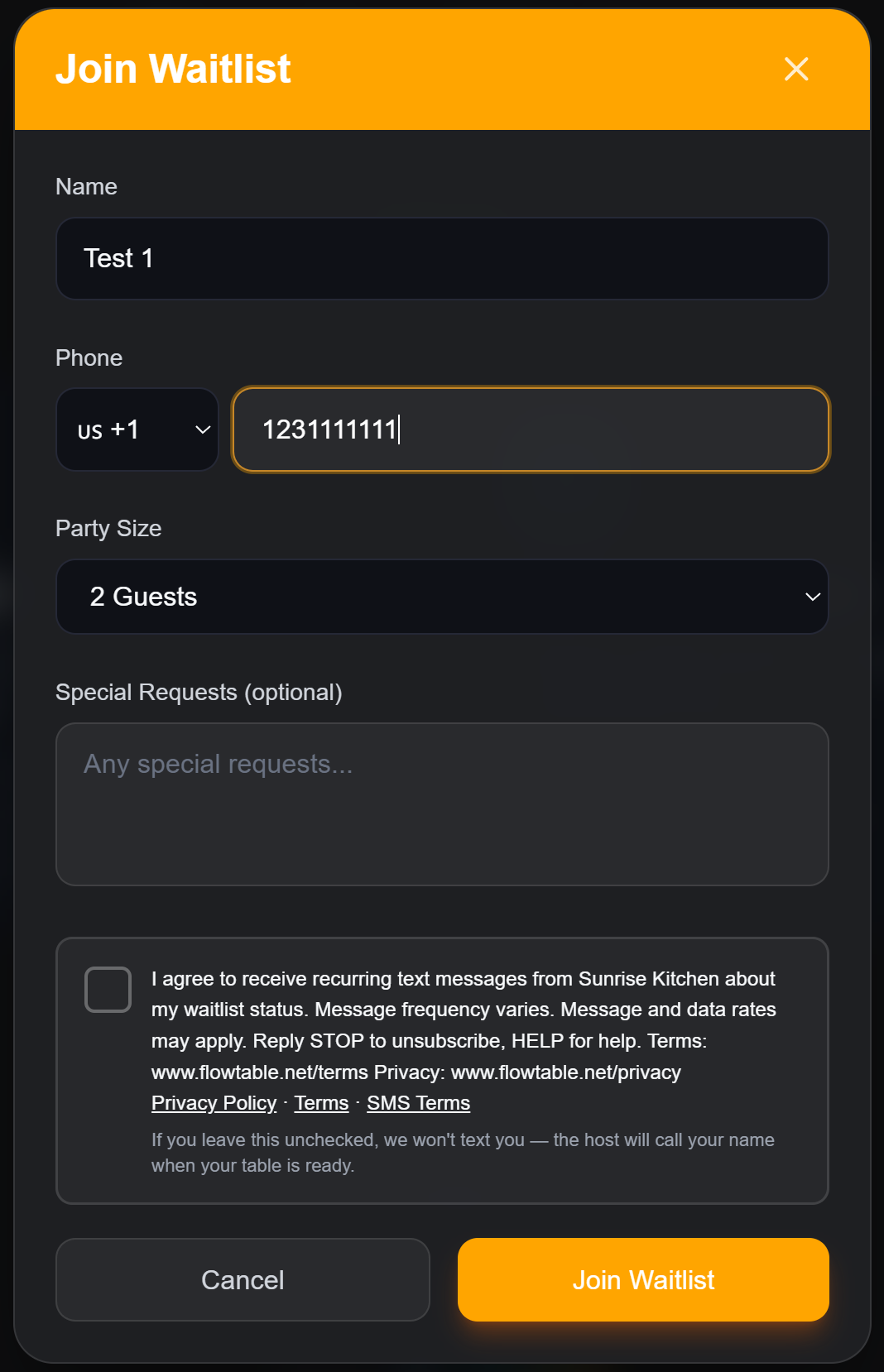Online waitlist consent checkbox screenshot